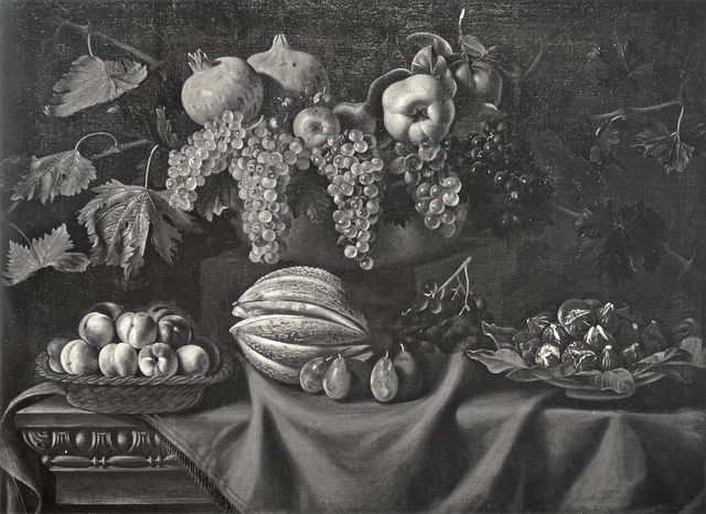 Boccardi, Cosimo — Bonzi Pietro Paolo - sec. XVII - Natura morta con melone, susine, cesto di pesche, uva, melagrane e piatto di fichi — insieme